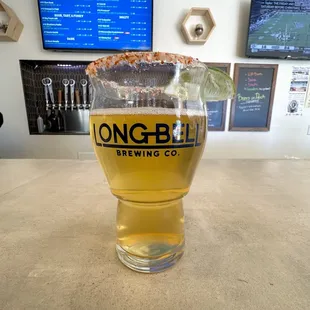 Big freakin' Dill brew, 16oz, garnished with a tajin rim and lime.