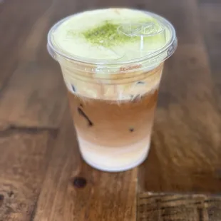 Iced Pistachio Latte with oat milk.