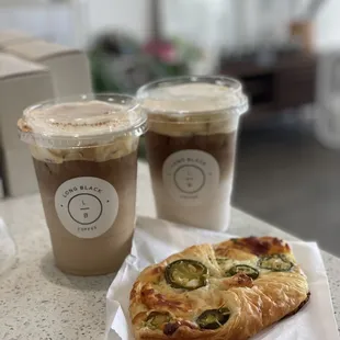 ICED CHAI LATTE  w/ EINSPANNER CREAM&amp; EXTRA SHOT   &amp; ICED STRAWBERRY LATTE W/ EINSPANNER CREAM   JALAPENO HAM &amp; CHEESE