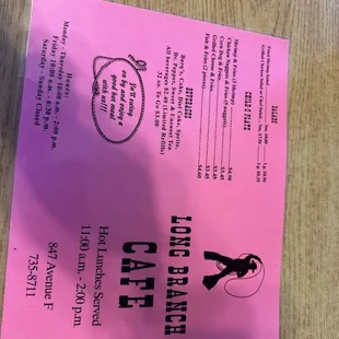 Front of the menu