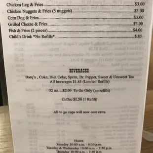 the menu for the long branch