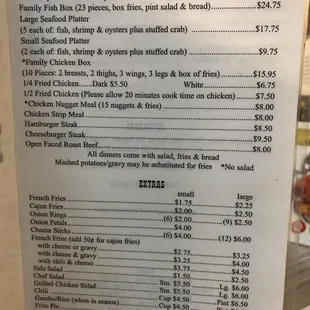 prices for the menu