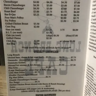 menu for the long branch