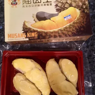 Frozen Malaysian Musang king ($16/ 0.88lb). Most of the seeds were large and round and not flat like the musang king seeds usually are