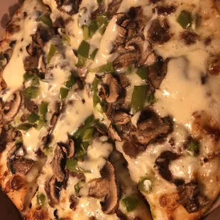 Philly Steak Pizza with horseradish drizzle