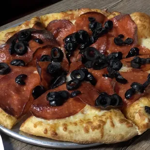 10&quot; pepperoni and black olives nice soft hand tossed crust.