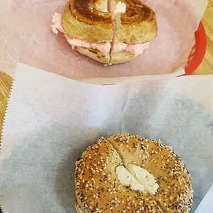 Cinnamon sugar with strawberry cream cheese and everything bagel with cucumber dill cream cheese