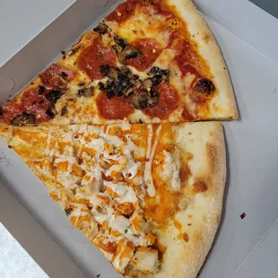 Mushroom and pepperoni slice and buffalo chicken slice