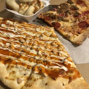 Buffalo ranch and meat lovers pizza, side of garlic knots