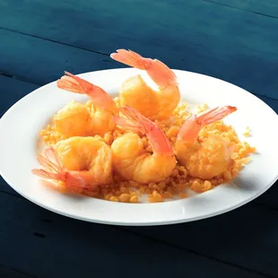 a plate of shrimp and rice