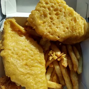 2 piece fish meal, fries &amp; hush puppies