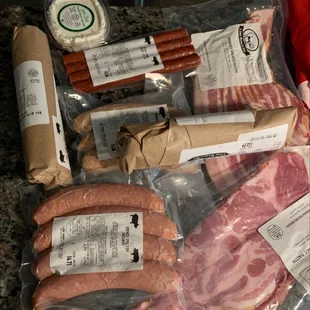 Salami - sausage- cheese - bacon   snack sticks - yum yum for the yum yum  Get yer ass to long ranch