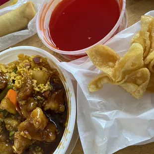 Pineapple chicken, spring roll, crab Rangoon