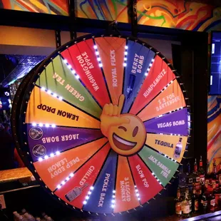a wheel of fortune at a bar