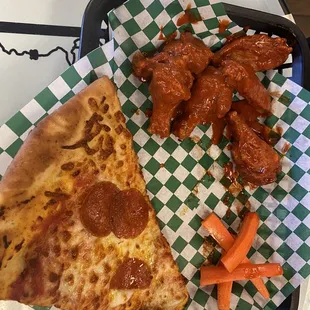 Slice of Pepperoni Slice Pizza, Suicide Wings with side of carrots