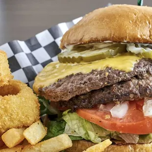 a cheeseburger and onion rings