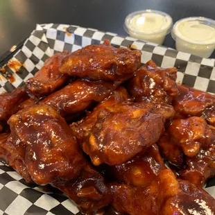 a plate of chicken wings