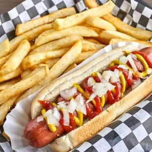 a hot dog and french fries