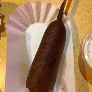 Burned, mini corn dog