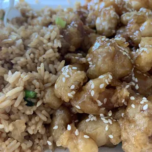 Sesame chicken and shrimp fried rice