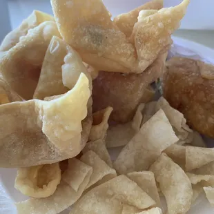 Crab Rangoon's , soup chips, and egg rolls