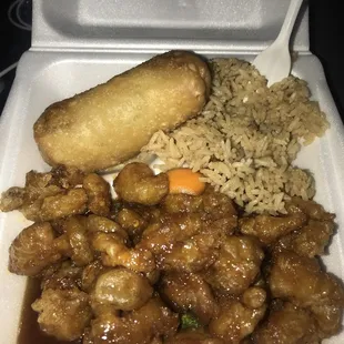a meal in a styrofoam container