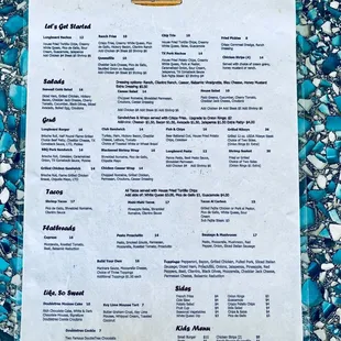 Menu at the Longboard Pool Bar