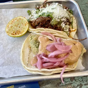 Tacos: Barbacoa (top) and Crispy Avocado (bottom)