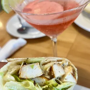 Grilled chicken caesar wrap + blue raspberry cosmo