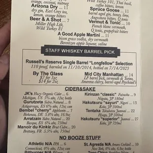 Cocktail menu