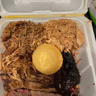 Maverick - brisket, pulled chicken, pulled pork, and corn muffin Note: I specifically asked for the &quot;burnt ends&quot; (dark piece)