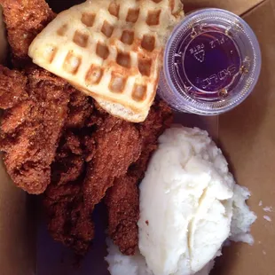 5 piece spicy chicken tenders with mashed potatoes and a waffle! It's a whole waffle, but I just folded it. So good and very filling!