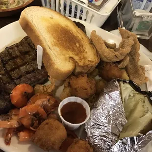 Steak. Shrimp. Fish. Delicious, the fish was so good