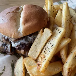 Longhorn burger with steak fries