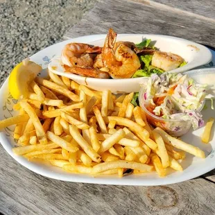 Grilled prawns, fries &amp; salad