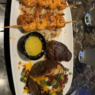 Renegade 6oz. Sirloin steak combo with 8 Redrock Shrimp and a loaded baked potato