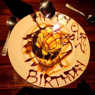 Chocolate lava cake with vanilla ice cream and caramel
