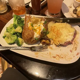New York Strip with Parmesan Cheese Crust and Idaho Baked Potato with Fresh Steamed Broccoli