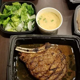 20oz Outlaw Ribsye w/Cesar  salad $27.29 and Bowl of Lobster Chowder $5.79