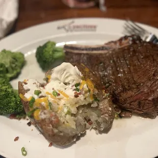 Outlaw Ribeye with Loaded Baked Potato and Fresh Steamed Broccoli
