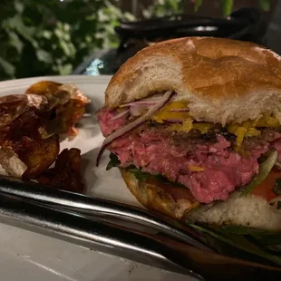 Wagyu Burger and crispy potatoes.