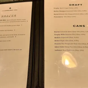 Snacks, Draft, and Cans menu - Sept 2024.