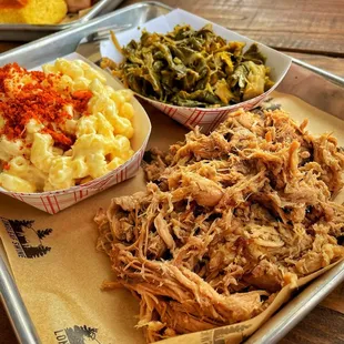 Whole hog pork with Mac n cheese and collard greens