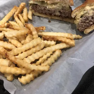 "Medium" cooked fire burger, well done with unseasoned fries.. I do recommend the pretzels and spicy beer cheese.