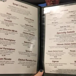 Menu page 2 - entrees, calzones, salad