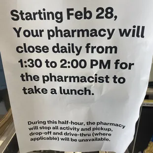 Pharmacy closed for lunch.