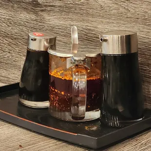 Vinegar, soy sauce, and chili oil