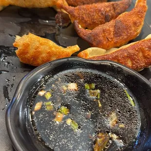 Pan fried chicken dumplings.