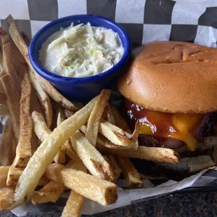 Linetangler burger with french fries and coleslaw