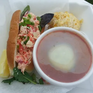 Gazpacho, traditional lobster roll and cheese biscuit. $12 and delicious!